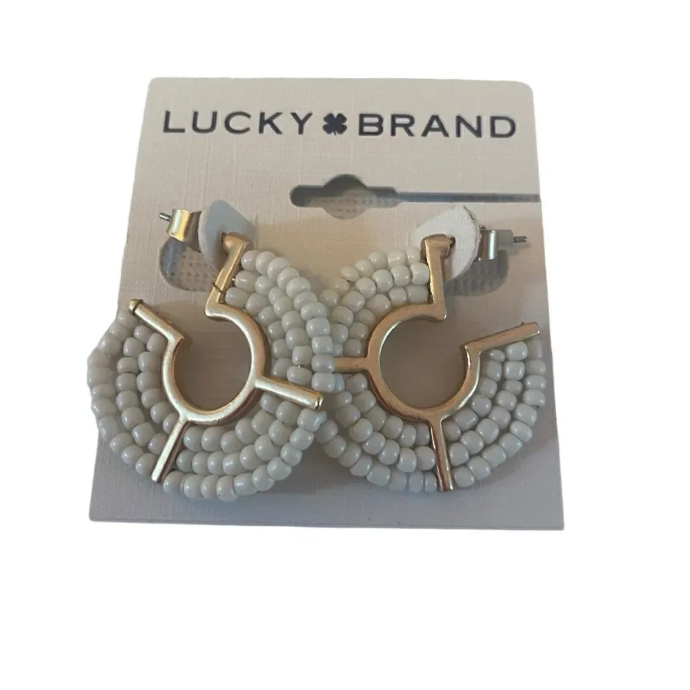 Creme & Matte Gold Toned Beaded Hoop Earrings.